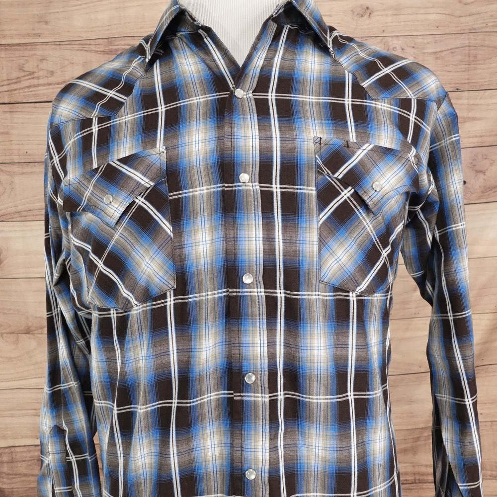 Ely Cattleman Shirt L Blue Brown Plaid Long Sleeve Pearl Snap Button Western
